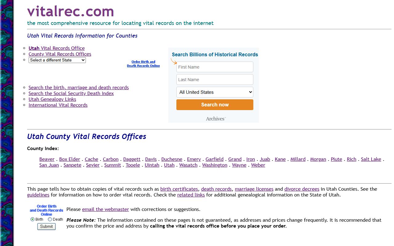 Bear River Health vital records portal covering Box Elder County and Brigham City death records