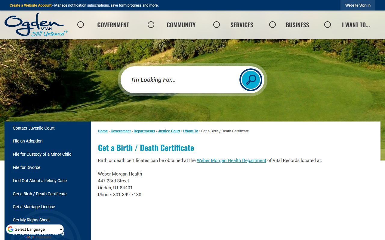 Ogden City birth and death certificate information and vital records access