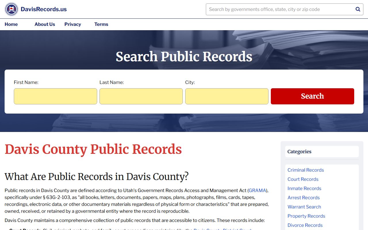 Davis County Records Online portal for Davis County death records
