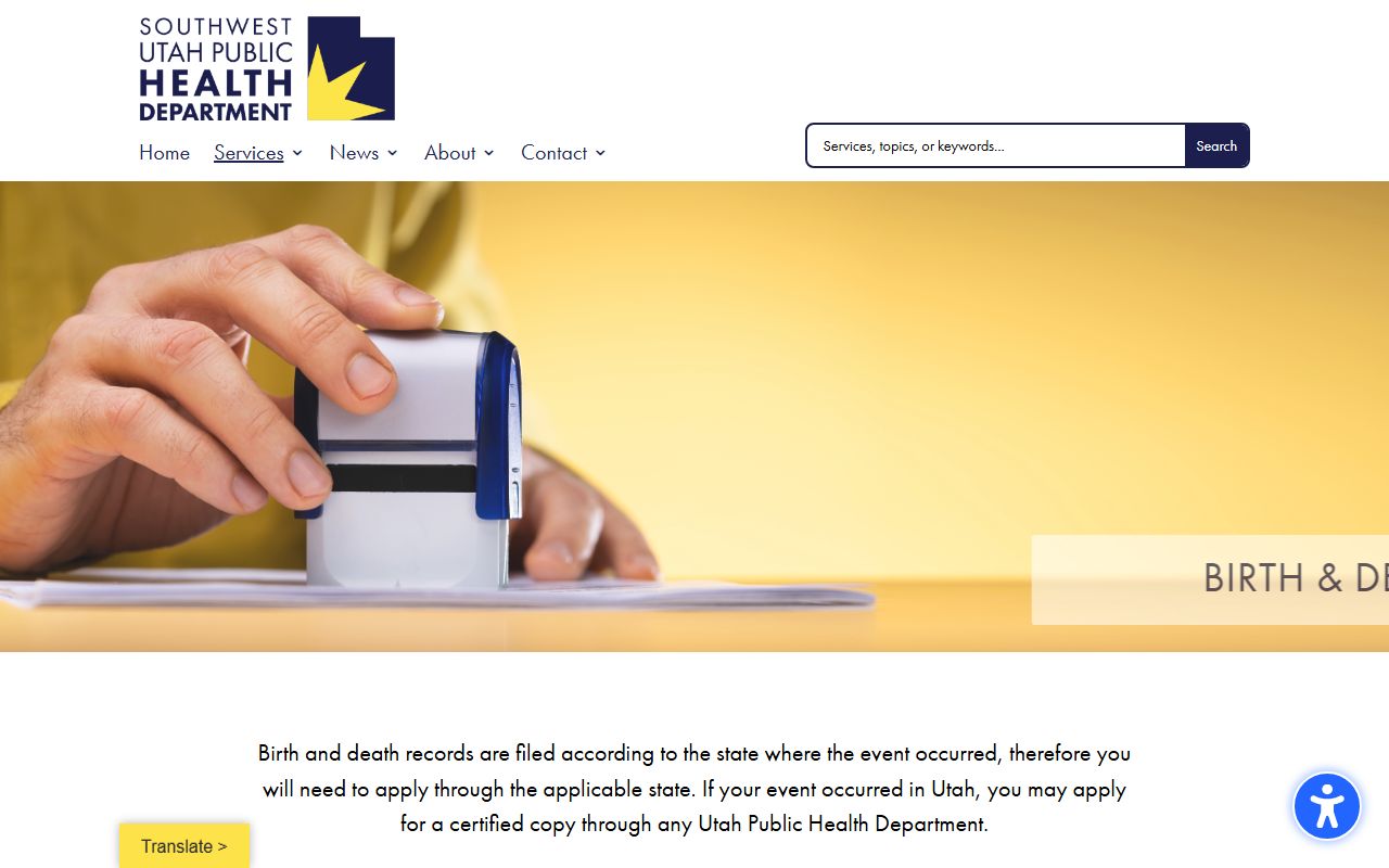 Southwest Utah Health District death records ordering page