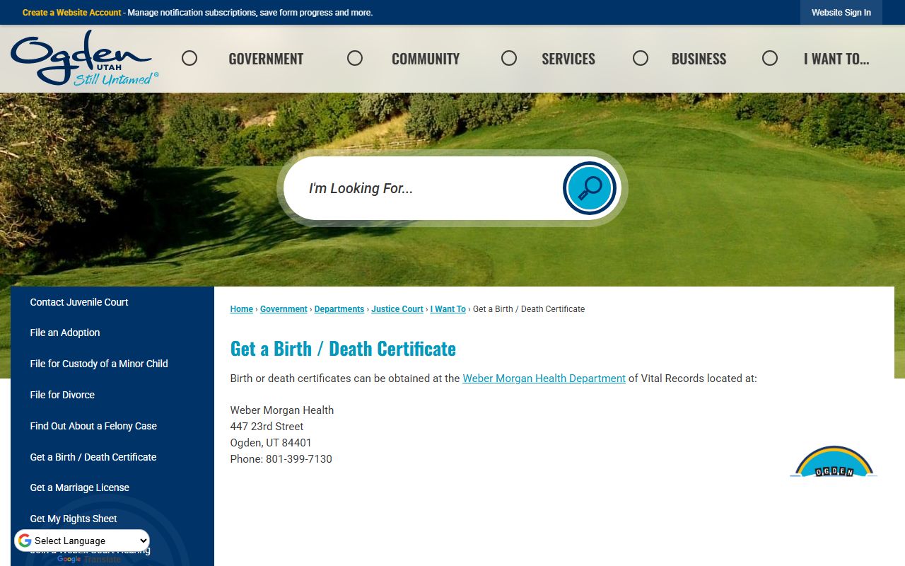 Ogden City birth and death certificate information for Weber County