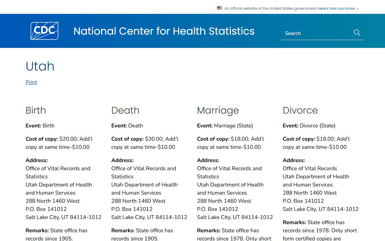 Utah death records CDC vital records office reference page