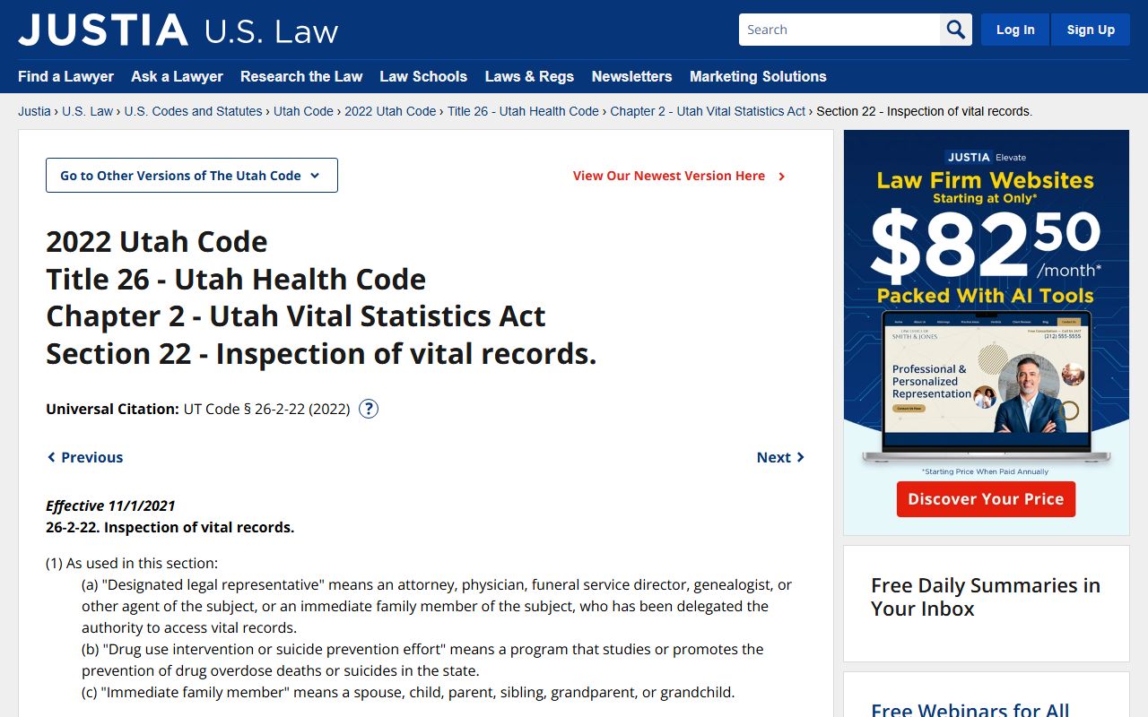 Utah death records Utah Code vital statistics access rules