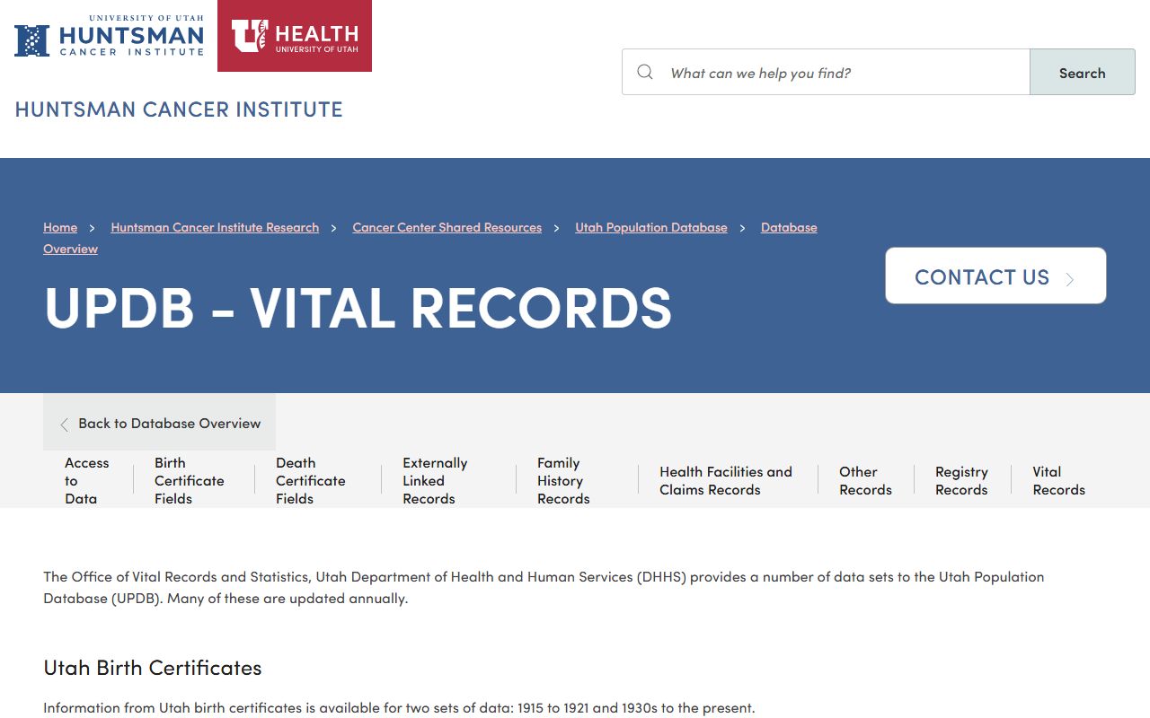Utah death records Utah Population Database vital records data